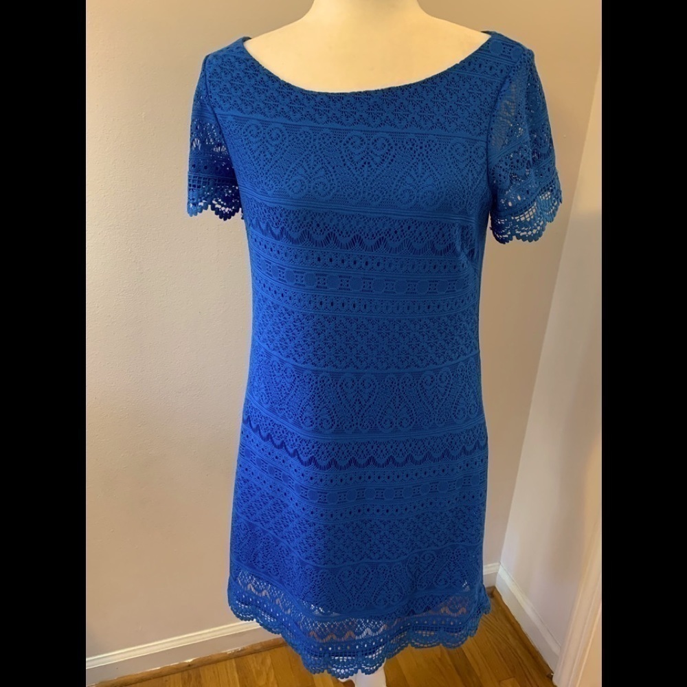 London Times blue lace sheath dress, size 8
